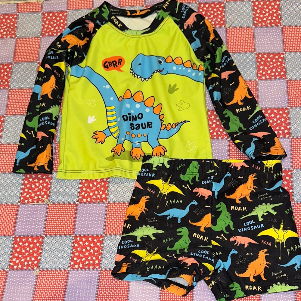 SHEIN Dinosaur Kids Swim Rashguard - Lime and Black